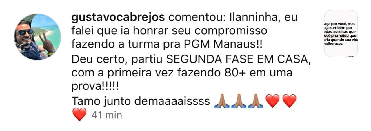 Gustavo Cabrejos comentando no Instagram — fez 80+ e passou para a segunda fase da PGM Manaus